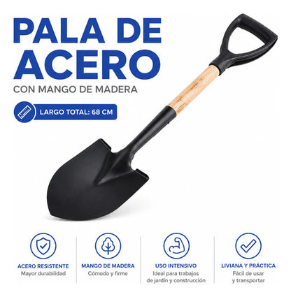 Pala Punta Acero Mango Ergonómico 68cm Jardinería Madera Negro