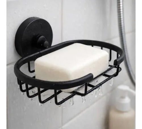 Porta Jabón Baño Pared Zinc Rejilla Ovalada Jabonera 15x12cm Negro
