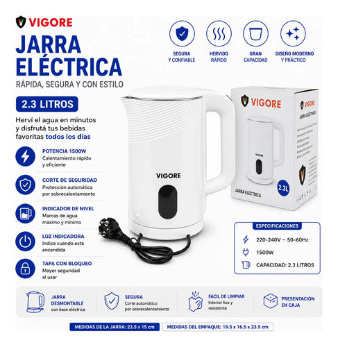 Jarra Pava Hervidor Eléctrico 2.3l 1500w Corte Seguridad Blanco