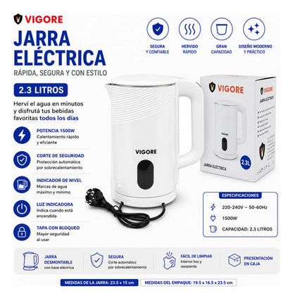 Jarra Pava Hervidor Eléctrico 2.3l 1500w Corte Seguridad Blanco