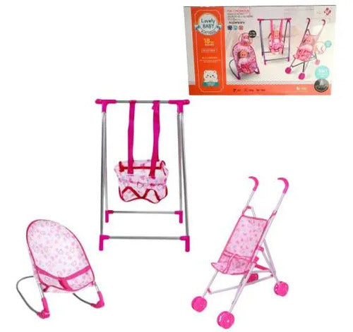 Set Infantil Coche Hamaca Silla Para Muñecas 3 Piezas Rosa