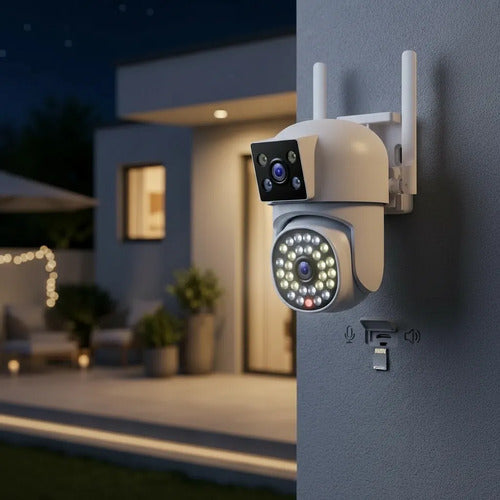 Camara Seguridad Exterior Wifi Doble Lente App Ios Android Blanco