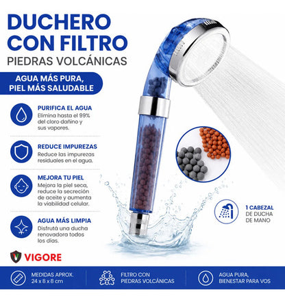 Cabezal Duchero Filtrante Piedra Volcánica Purificador Agua Azul