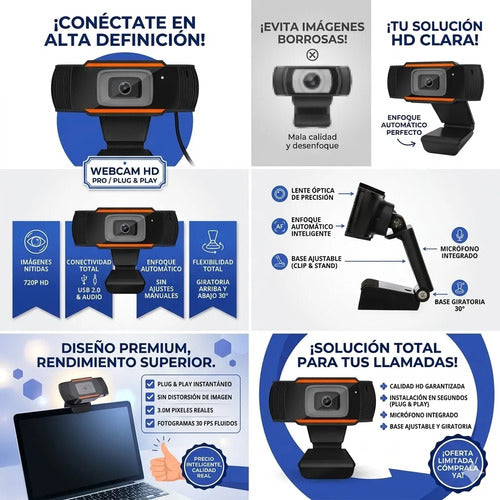 Camara Web Hd Alta Calidad Microfono Autofocus Usb Plug Play Naranja