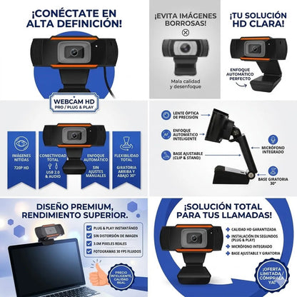 Camara Web Hd Alta Calidad Microfono Autofocus Usb Plug Play Naranja