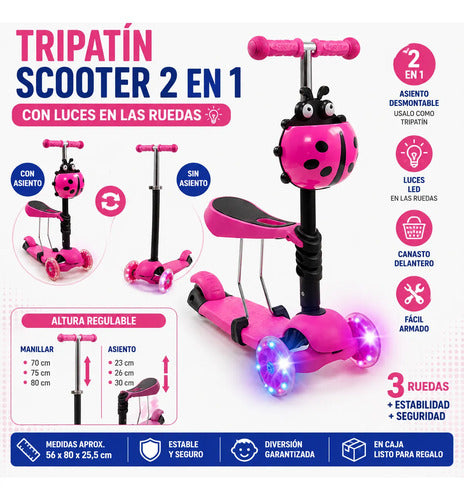 Scooter Infantil 2 En 1 Asiento Luz Rueda Ajustable Tripatín Rosa