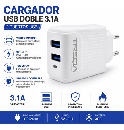 Cargador Doble Usb 3.1a Pared Celular Tablet Carga Rapida Blanco