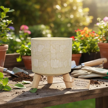 Maceta Decorativa De Ceramica Con Patas De Madera 14x12cm Beige