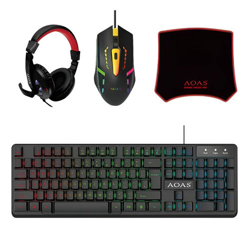 Combo Teclado Mouse Auricular Y Mousepad Gamer Con Cable Negro