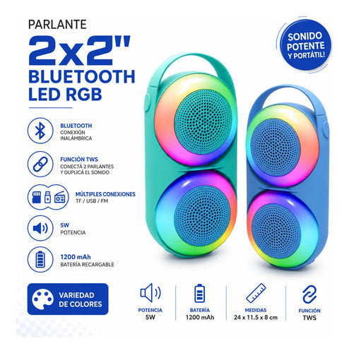 Parlante Bluetooth 2x2 Tws Luz Led Rgb Usb Fm Recargable Variedad De Colores