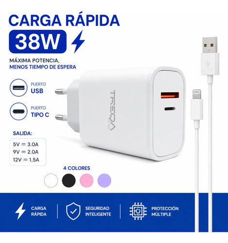 Cargador Rapido 38w Usb Cable 8 Pines Celular Ios Y Tipo C Aleatorio - 4 Colores