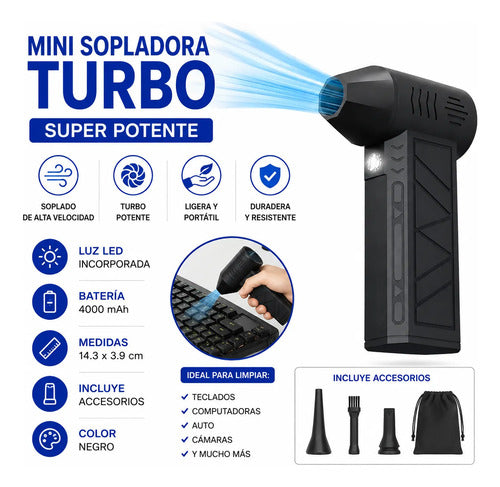 Mini Sopladora De Aire Turbo Recargable 4000mah Portátil Led Negro
