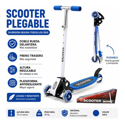 Monopatín Scooter Plegable 3 Ruedas Altura Regulable Azul