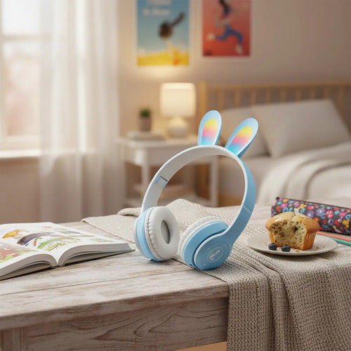 Auricular Infantil Bluetooth Rabbit Tf Mic Vincha Ajustable Celeste