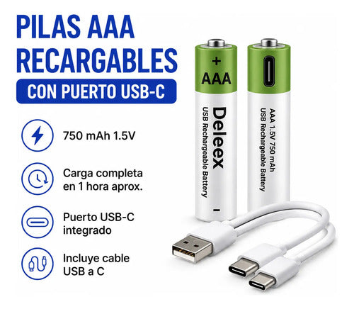 X2 Pilas Aaa Recargables Usb C Puerto Usb C Cable Incluido