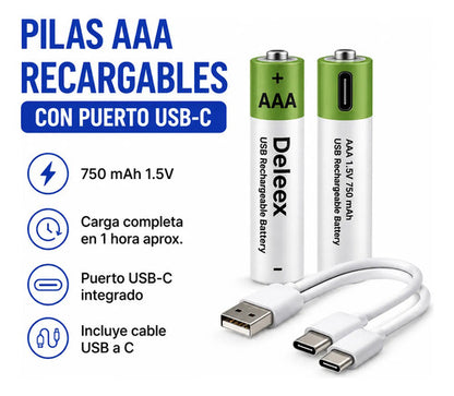 X2 Pilas Aaa Recargables Usb C Puerto Usb C Cable Incluido