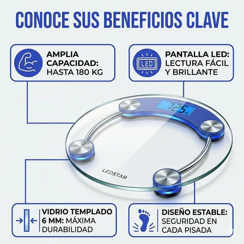 Balanza Digital Baño Ledstar Vidrio Templado 180kg Redonda Transparente