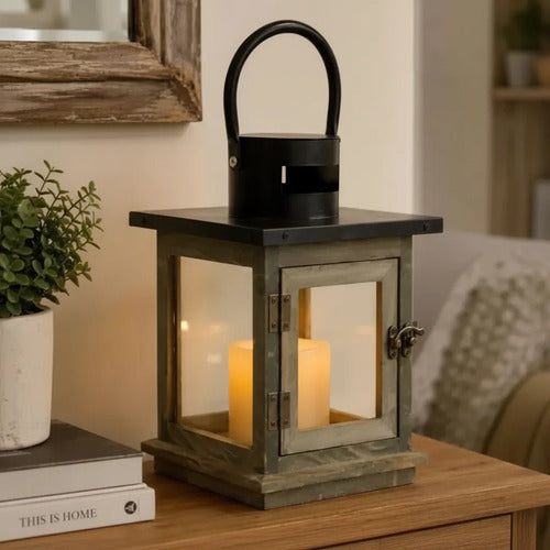 Farol Decorativo Rústico Portavelas Madera Metal 26x15cm Gris Envejecido Con Negro