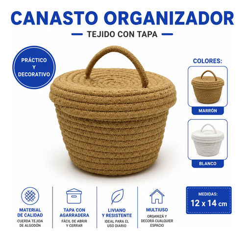 Canasto Cesto Organizador Tejido Cuerda Algodón Tapa 12x14cm Marrón