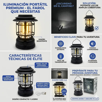 Farol Led Solar Recargable Panel Usb Tipo C Panel Colgante Negro