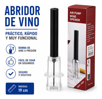 Sacacorchos Vino Neumático Bomba Aire 19cm Abridor Presión Negro