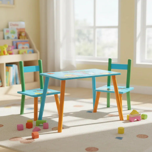 Set Mesa Infantil 2 Sillas Madera Fácil Armado Para Niños Celeste