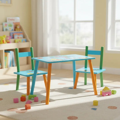 Set Mesa Infantil 2 Sillas Madera Fácil Armado Para Niños Celeste
