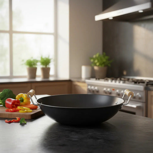 Sartén Wok Antiadherente Acero Carbono Redondo Asas Madera Negro