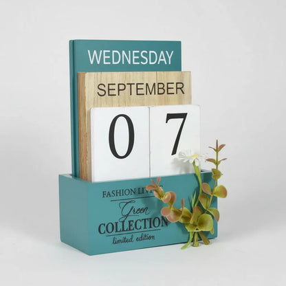 Calendario Escritorio Perpetuo 9 Bloques Madera 11x16x5cm Turquesa