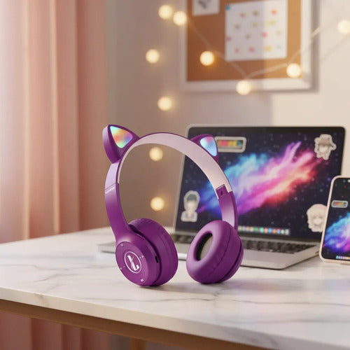 Auricular Orejas Gato Vincha Bluetooth Tf Micrófono Infantil Violeta