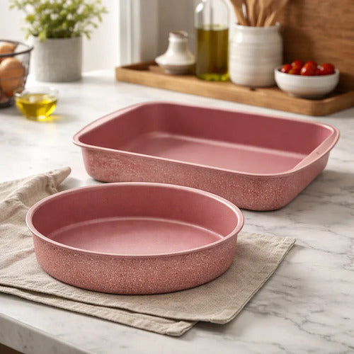 Set Juego Asaderas Antiadherentes 2 Piezas Horno Rectangular Rosa