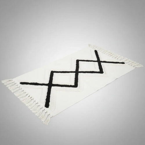 Alfombra Bohemia Algodon 60x140 Flecos Geometrica Pasillo 1.4 M 60 Cm Blanco