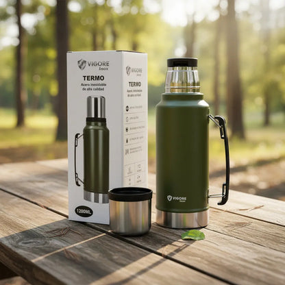 Termo Acero Inoxidable 1.2l Asa Plegable Hermético 2 Paredes Verde