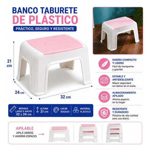 Banco Taburete Plástico Antideslizante Apilable Compacto 32x Blanco Rosa