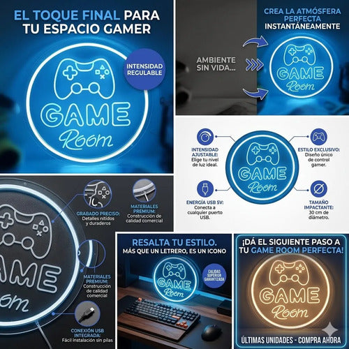 Letrero Neon Game Room Regulable Usb Habitacion Gamer 30cm Blanco