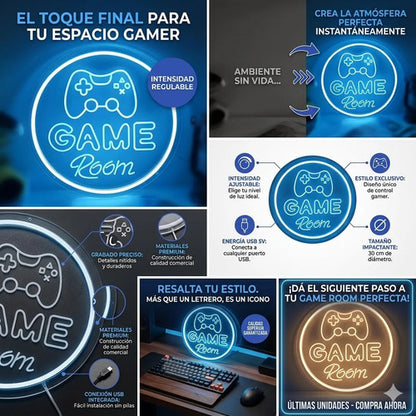 Letrero Neon Game Room Regulable Usb Habitacion Gamer 30cm Blanco