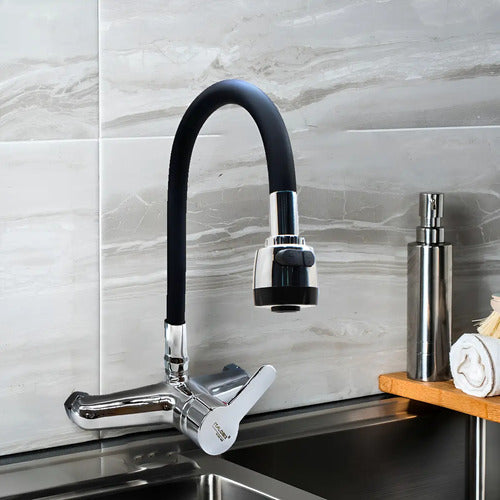 Monocomando Mesada 15cm Entre Caño Cocina Canilla Flexible Plateado Con Negro
