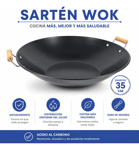 Sartén Wok Antiadherente Acero Carbono Cocina Asas Madera Negro