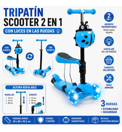 Scooter Infantil 2 En 1 Asiento Ajustable Luz Rueda Tripatín Celeste