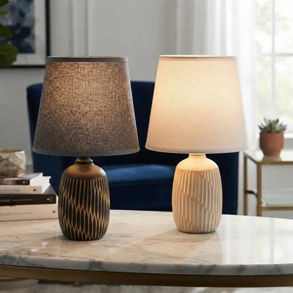 Lámpara Mesa Cerámica Decorativa Pantalla 33cm Velador Beige