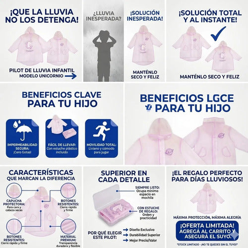Pilot Lluvia Infantil Capucha Unicornio Impermeable Capucha Rosa U Unicornio