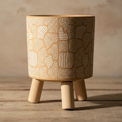 Maceta Ceramica Patas Madera 14x12cm Decorativa Beige