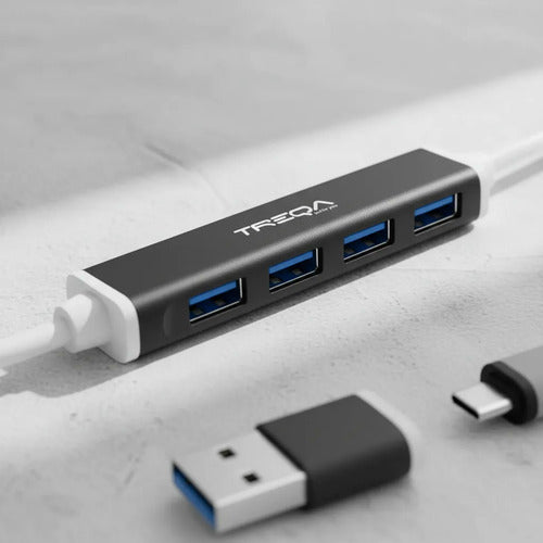 Hub Usb 4 Puertos Notebook Pc + Adaptador Tipo C Usb-a 3.0 Negro