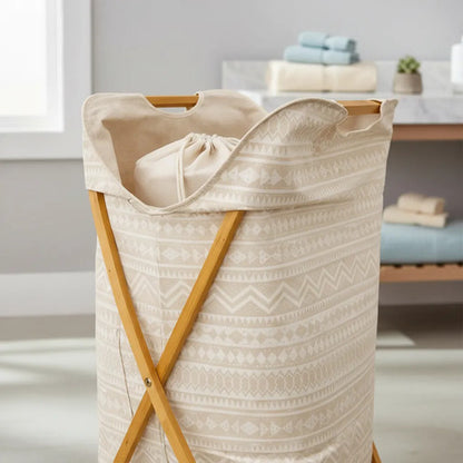 Canasto Cesto Ropa Plegable Ropa Lavanderia Madera Tela Beige Geométrico