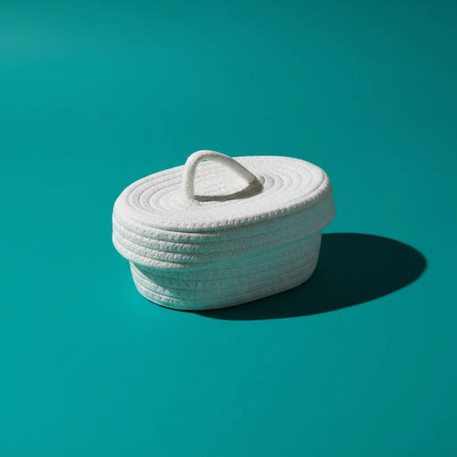 Canasto Cesto Organizador Tejido Cuerda Algodón Tapa 27x9cm Blanco