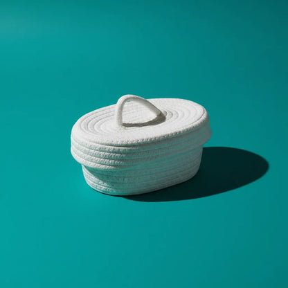 Canasto Cesto Organizador Tejido Cuerda Algodón Tapa 27x9cm Blanco