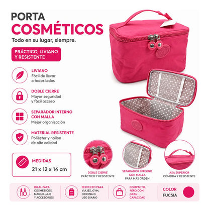 Neceser Organizador Doble Cierre Maquillaje Separador 21cm Fucsia