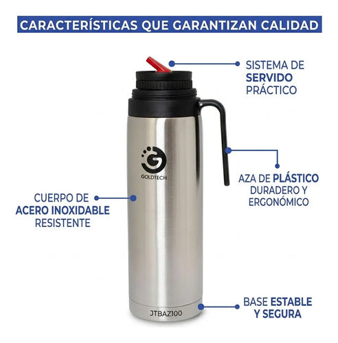 Termo Acero Inoxidable Doble Pared Aislamiento Vacio 1 Litro Plateado