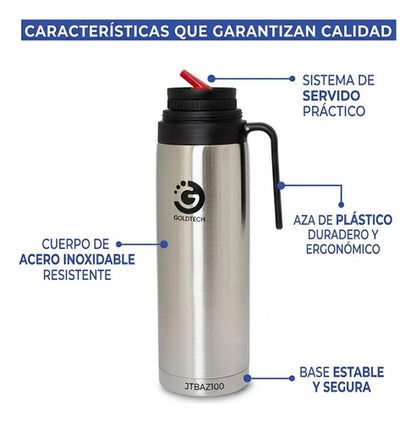 Termo Acero Inoxidable Doble Pared Aislamiento Vacio 1 Litro Plateado