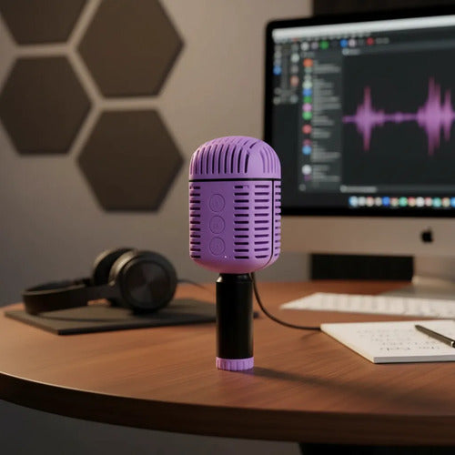 Micrófono Retro Karaoke Inalámbrico Bluetooth Tws Altavoz Lila